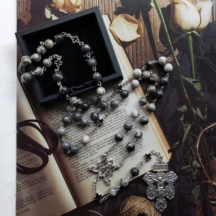 Olivenorma Black Network Agate Holy Mother Cross Rosary Necklace - image 4