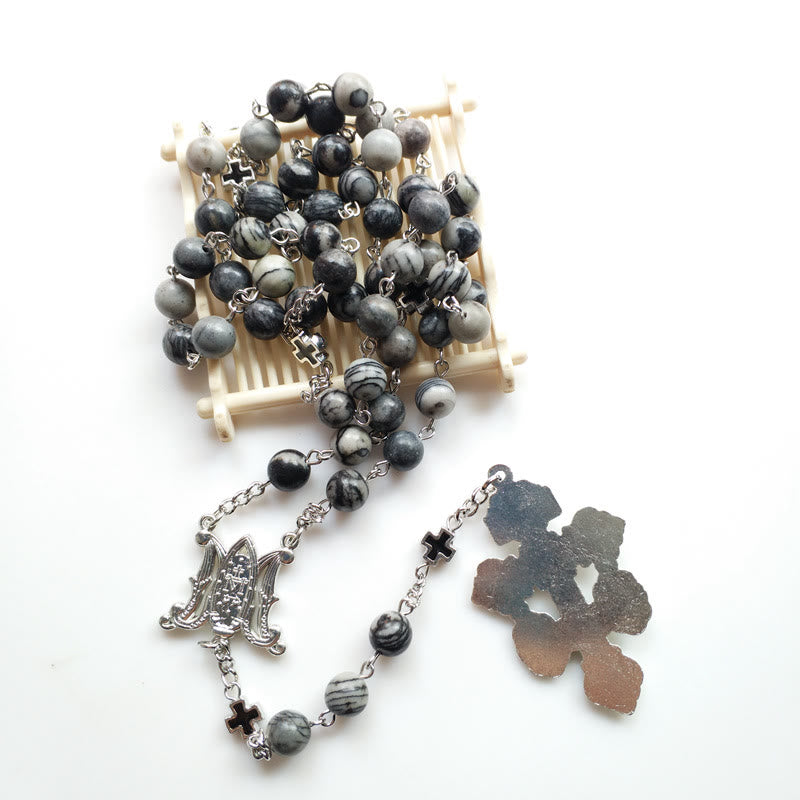Olivenorma Black Network Agate Holy Mother Cross Rosary Necklace - image 1