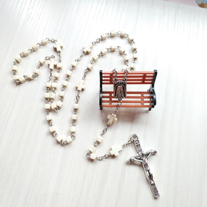 Olivenorma White Turquoise Cube Beaded Cross Rosary Necklace - image 4