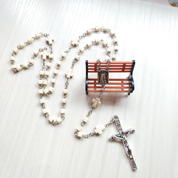 Olivenorma White Turquoise Cube Beaded Cross Rosary Necklace - image 4