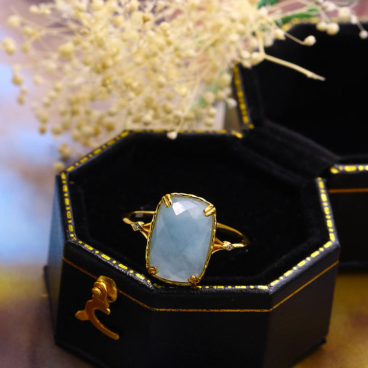 Olivenorma Large Square Aquamarine Black Onyx Vintage Ring - Aquamarine - image 0