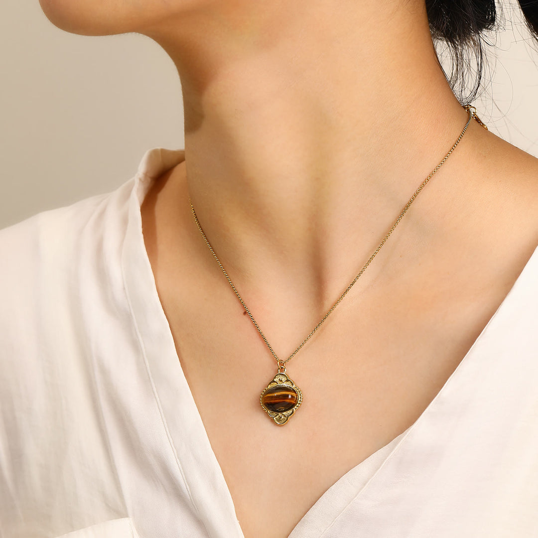 Olivenorma Natural Stone Palace Retro Lace Inlaid Pendant Necklace - image 8