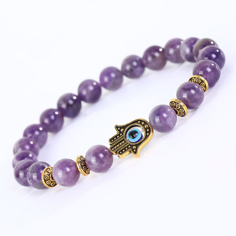 Olivenorma Natural Crystal Stone Beaded Evil Eye Hamsa Bracelet - Amethyst - image 8