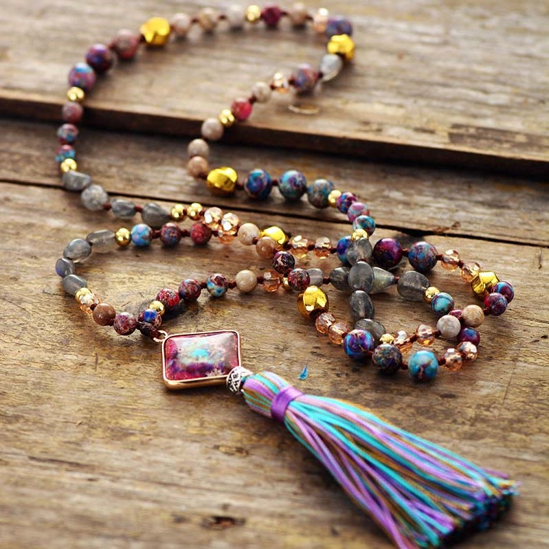 Olivenorma Mala Beads Natural Stone Chakra Tassel Necklace - image 1