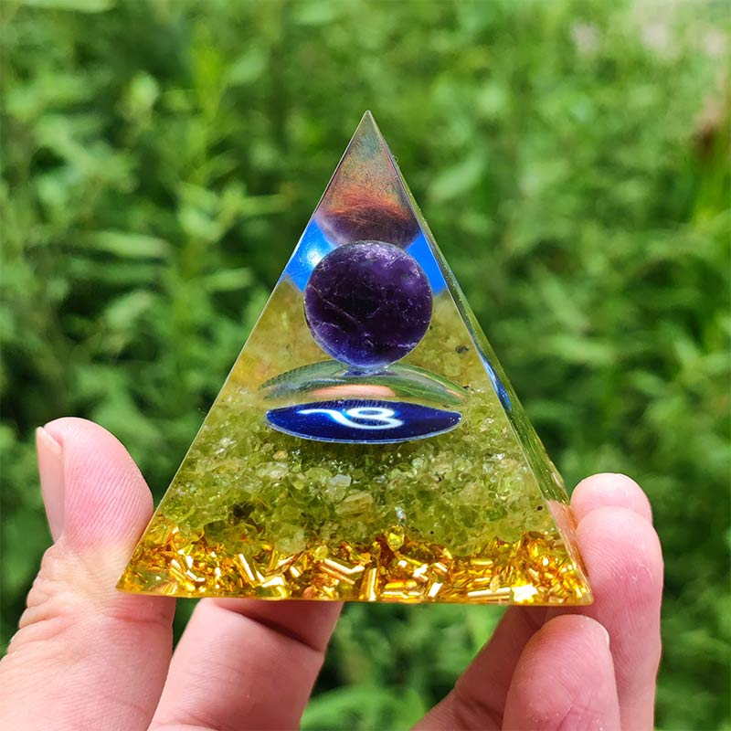 Olivenorma Amethyst with Peridot Leo Zodiac Orgone Pyramid - image 1