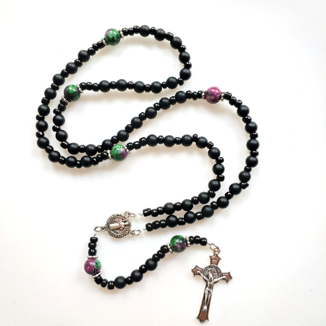 Olivenorma Black Onyx Ruby Zoisite Cross Rosary Necklace - image 3
