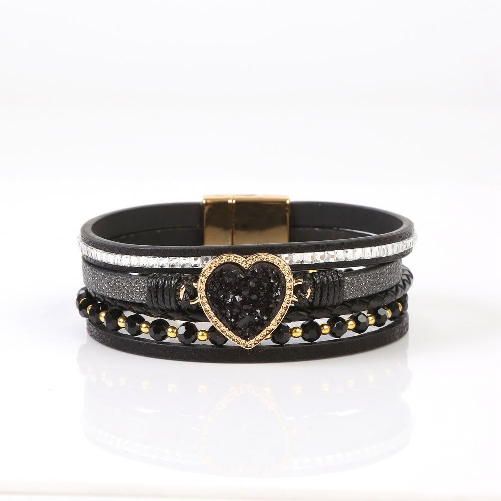 Olivenorma Heart Shape Cluster Multilayer Braided Leather Bracelet - Obsidian - image 6