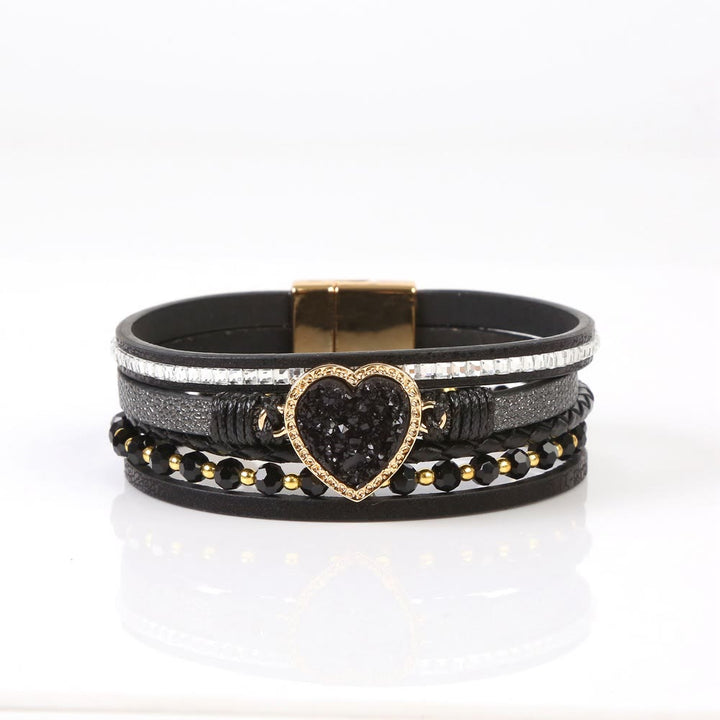 Olivenorma Heart Shape Cluster Multilayer Braided Leather Bracelet - Obsidian - image 6