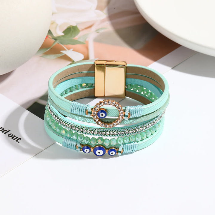 Olivenorma White Zircon Boho Evil Eye Metal Wide Leather Bracelet - Lake Blue&Evil Eye - image 8