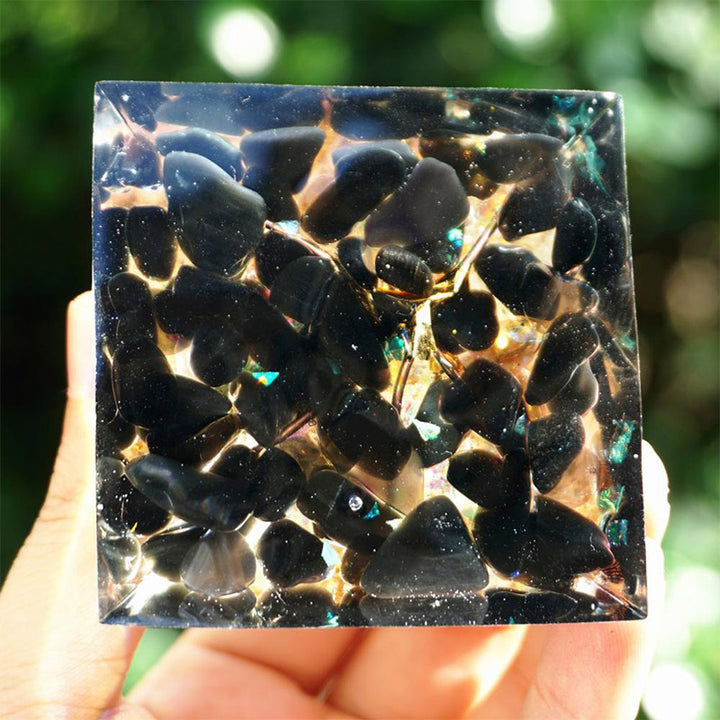 Olivenorma Obsidian with Clear Crystal Tree Of Life Orgone Pyramid - image 3