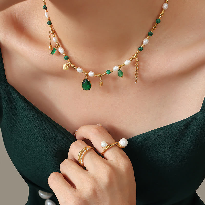 Olivenorma Emerald Pearl Beaded Non Fading Gold Necklace - image 5