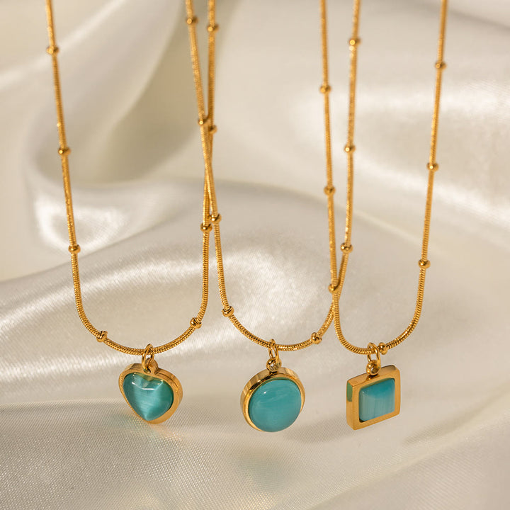 Olivenorma Blue Cat's Eye Stone Heart Square Pendant Necklace - image 10