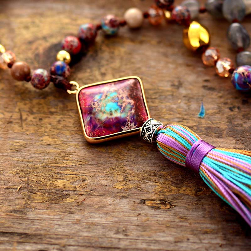 Olivenorma Mala Beads Natural Stone Chakra Tassel Necklace - image 2