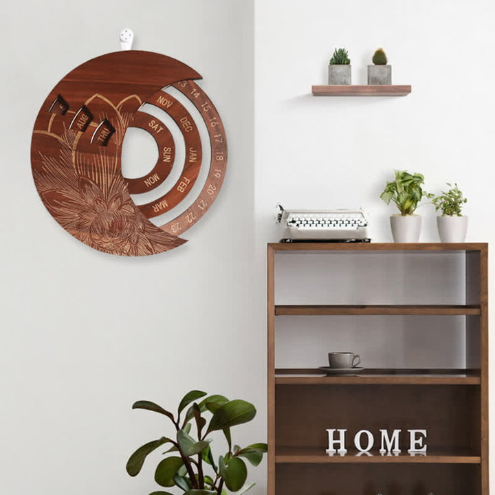 Olivenorma Circle Wooden Crescent Moon Perpetual Calendar Wall Decor - Brown - image 2