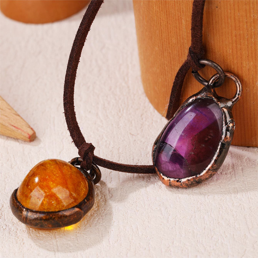OlivenormaNatural Rough Stone Irregular Pendant Leather Rope Necklace - Amethyst&Amber - image 20