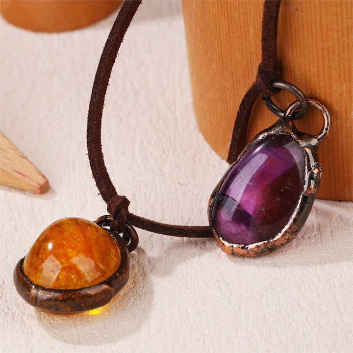OlivenormaNatural Rough Stone Irregular Pendant Leather Rope Necklace - Amethyst&Amber - image 20
