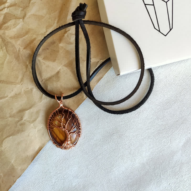 Olivenorma Oval Tiger Eye Tree Of Life Gemstone Necklace - image 3
