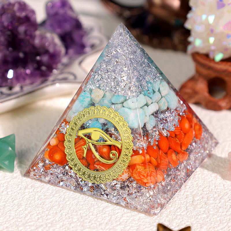 Olivenorma Amazonite Red Coral Eye Of Horus Orgone Pyramid - image 2