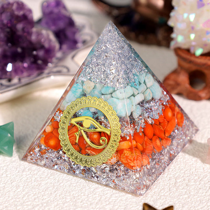 Olivenorma Amazonite Red Coral Eye Of Horus Orgone Pyramid - image 2