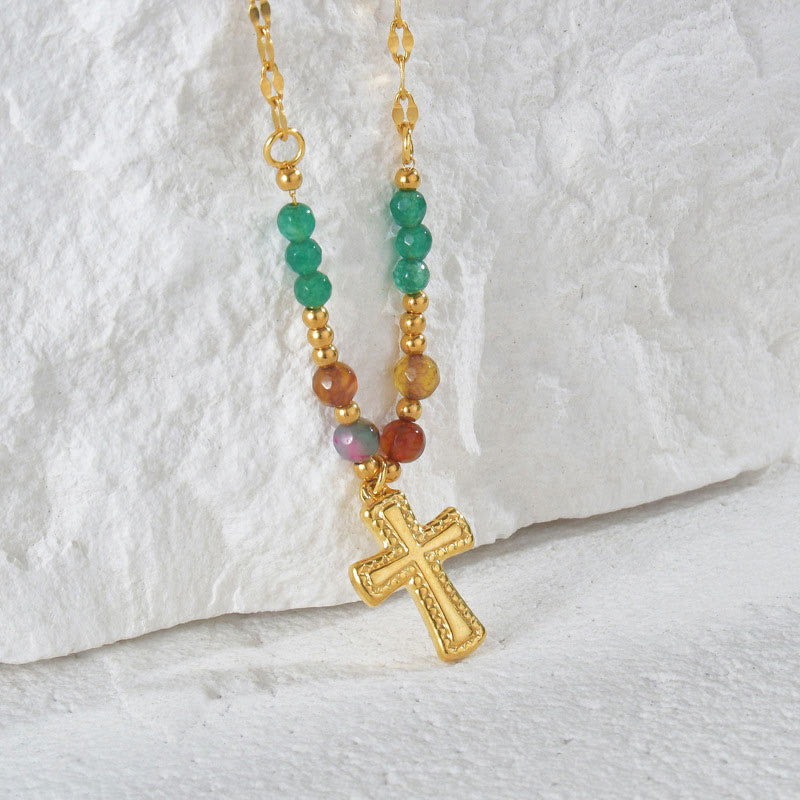 Olivenorma Crystal Beads Stainless Steel Cross Necklace - image 1