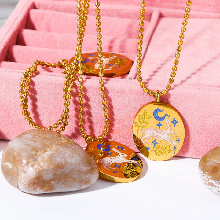 Olivenorma Hand Painted Dripping Oil Rabbit Zodiac Elements Necklace - image 9