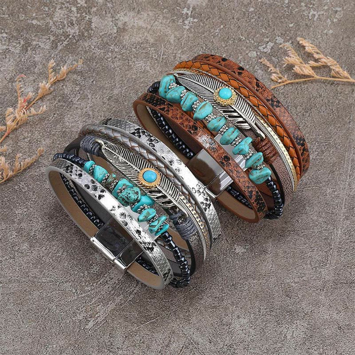 Olivenorma Brown Vintage Turquoise Multi-layer Leather Bracelet - image 0