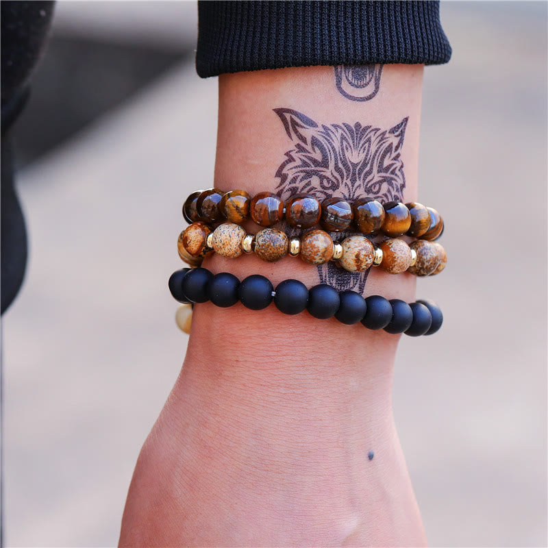 Olivenorma 3Pcs Picture Jasper Tiger Eye Black Onyx Beaded Bracelets - image 4