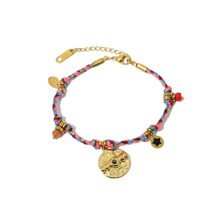 Olivenorma Bohemian 18k Stainless Steel Vintage Braided Bracelet - Sun Stone&Purple Braided Rope - image 5