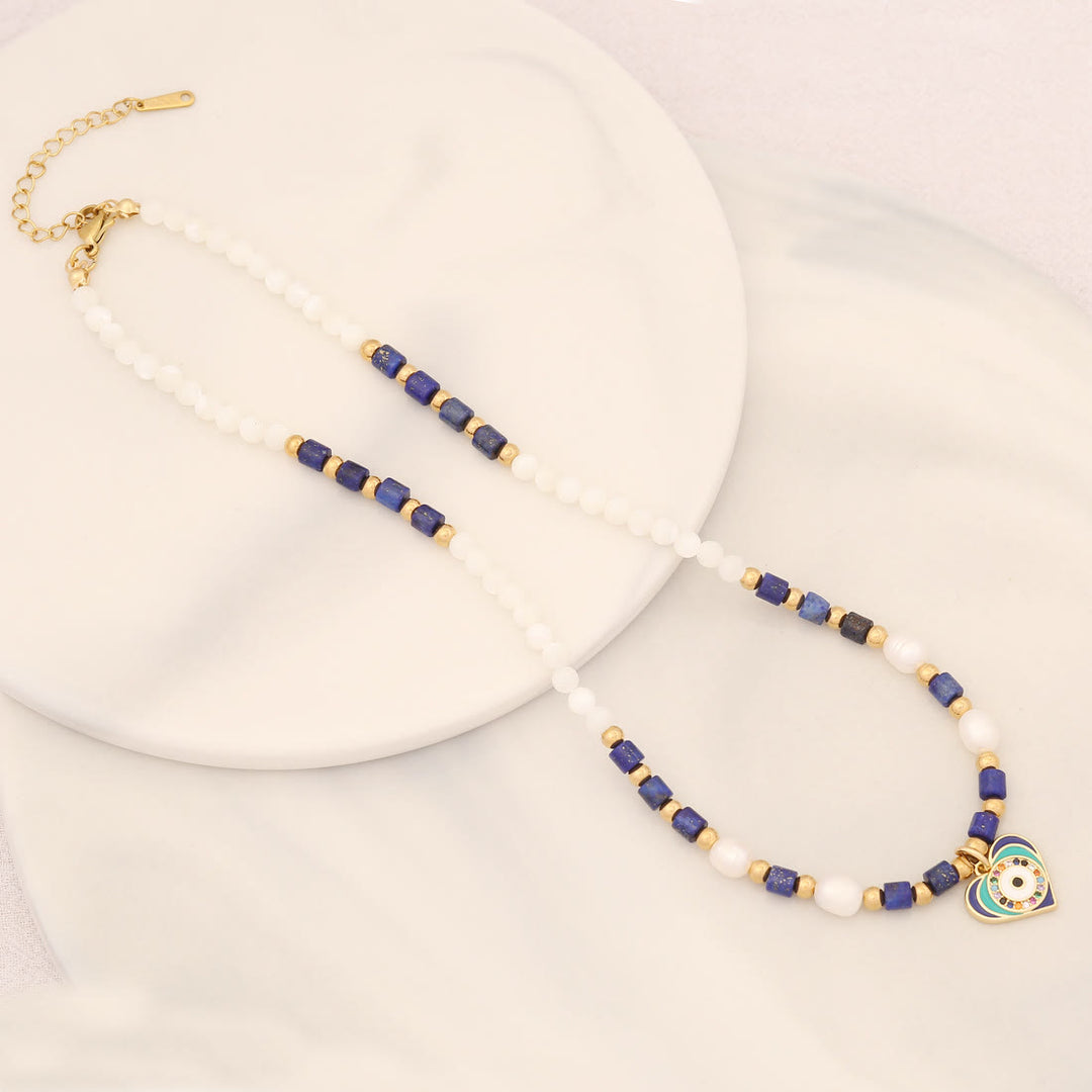 Olivenorma Natural Pearl Crystal Stone Evil Eye Pendant Necklace - Pearl&Lapis Lazuli - image 7