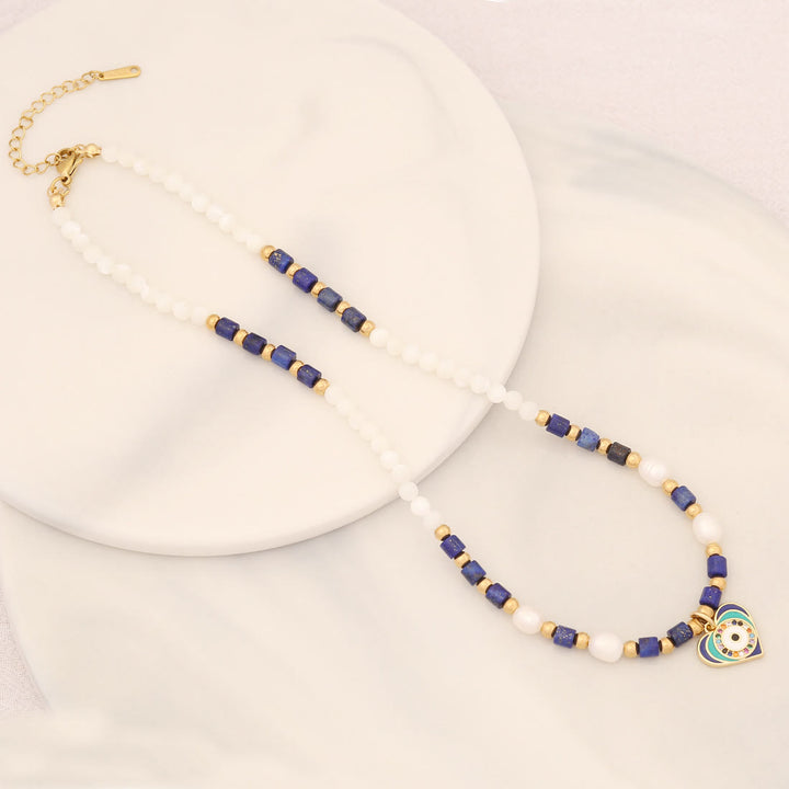 Olivenorma Natural Pearl Crystal Stone Evil Eye Pendant Necklace - Pearl&Lapis Lazuli - image 7