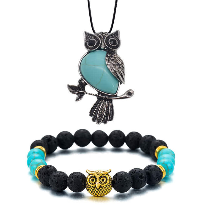 SPIRITUAL ENERGY - Owl Gemstone Necklace with Bracelet Gift Set - Turquoise - Leather Chain - image 50