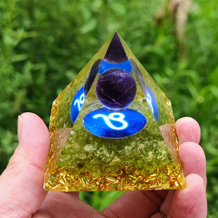 Olivenorma Amethyst with Peridot Leo Zodiac Orgone Pyramid - 10*10cm - YES PLEASE $8 - image 0
