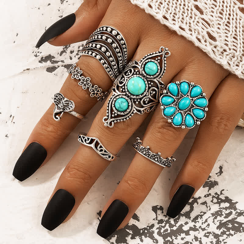Retro Turquoise 7 - Piece Rings Set - image 1