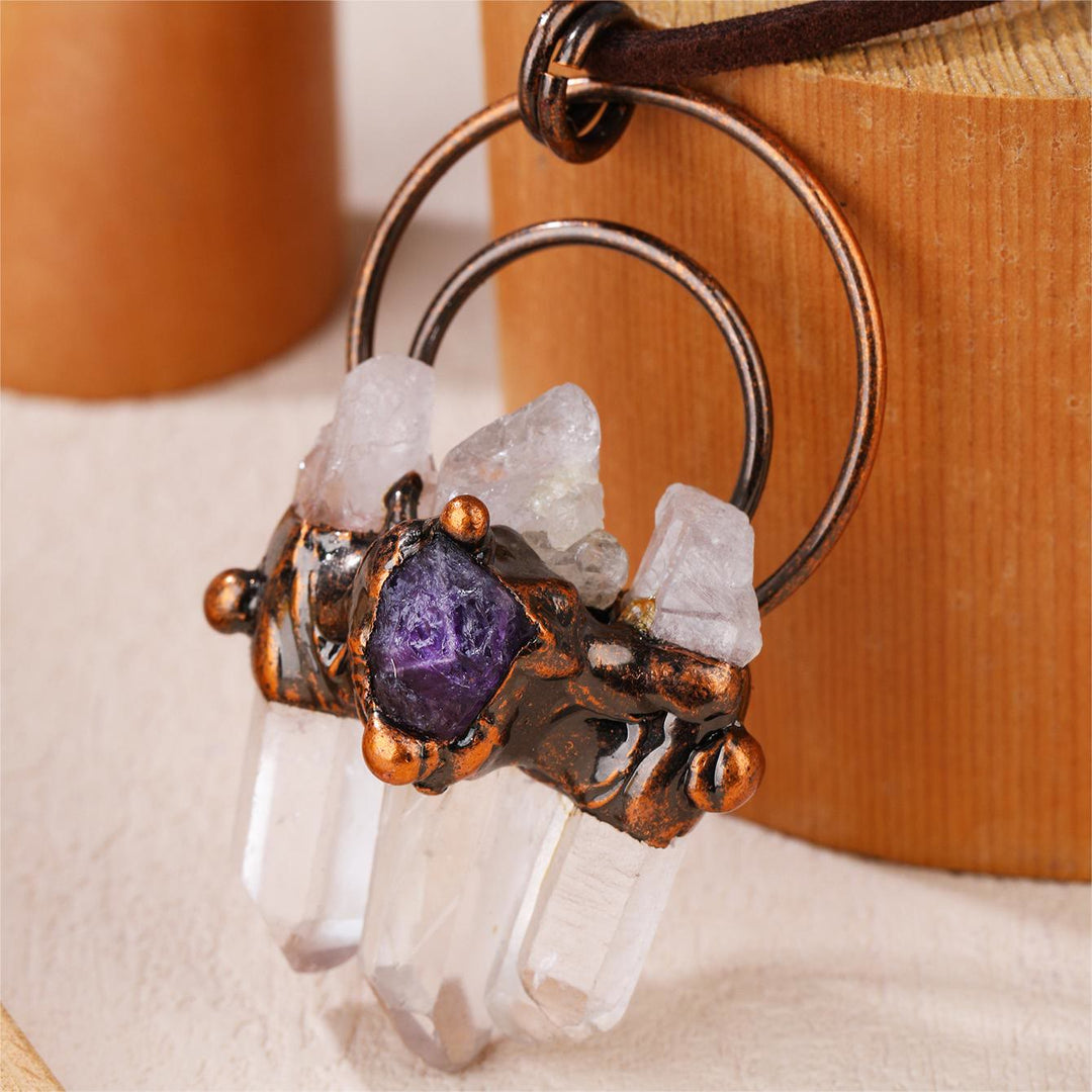 OlivenormaNatural Rough Stone Irregular Pendant Leather Rope Necklace - Clear Quartz&Amethyst - image 12