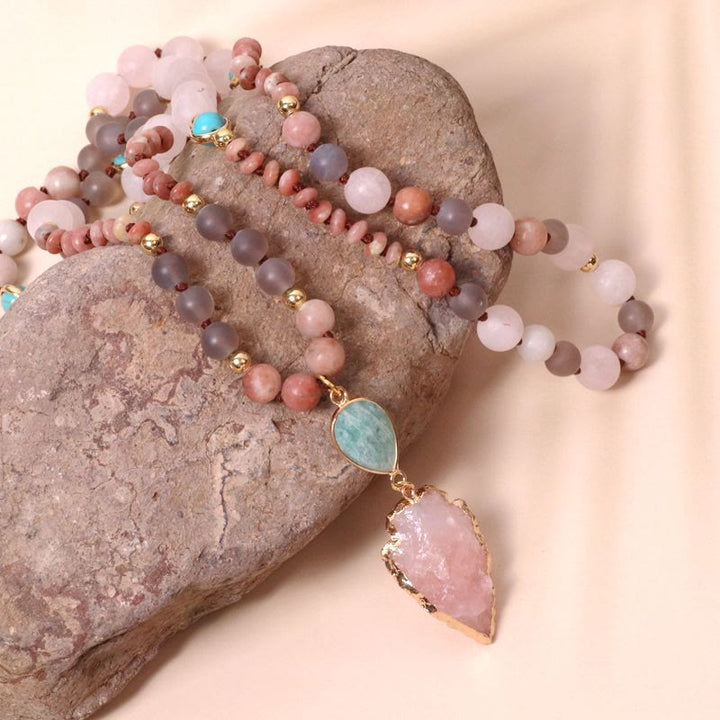 Natural Rose Quartz Mala Prayer Arrowhead Pendant Necklace - image 3