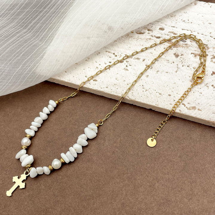 Olivenorma Hand Beaded Gravel Cross Irregular White Jade Necklace - White Jade&Pearl - image 0