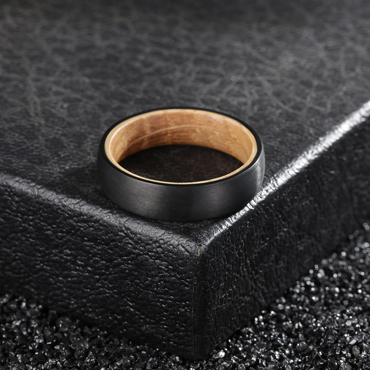 Olivenorma 6mm Whiskey Barrel Wood Black Tungsten Ring - image 3