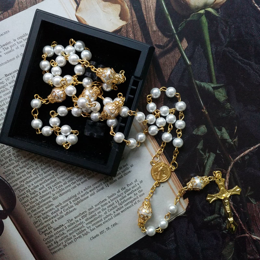 Olivenorma Faux Pearl Cross Pendant Rosary Beads Necklace - image 2