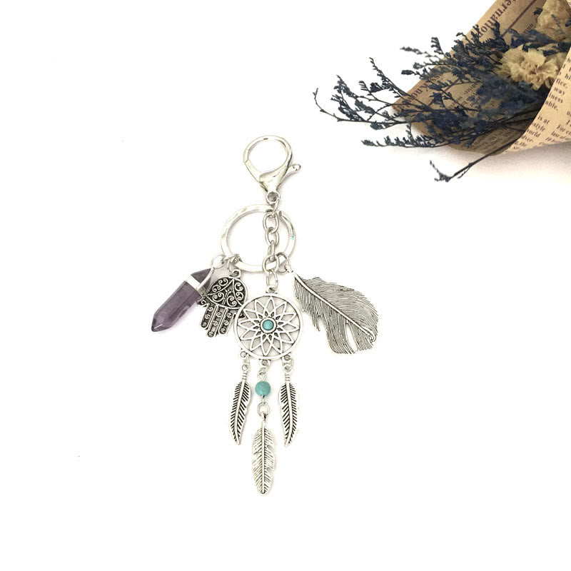 Olivenorma Natural Gemstone Dreamcatcher Pendants Hamsa Keychain - Amethyst - image 6