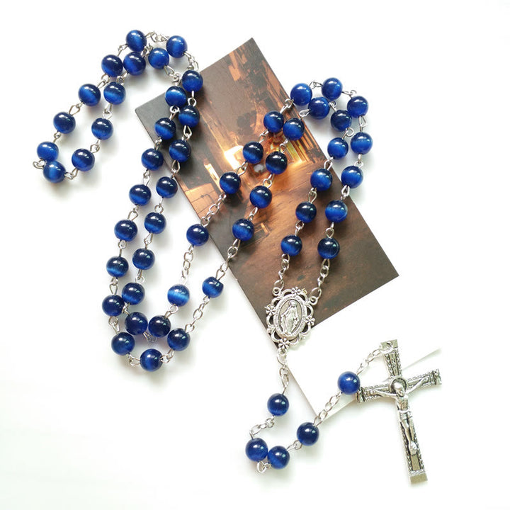 Olivenorma Blue Cat's Eye 8mm Stone Cross Rosary Necklace - Blue Cat's Eye Stone&Cross - image 0