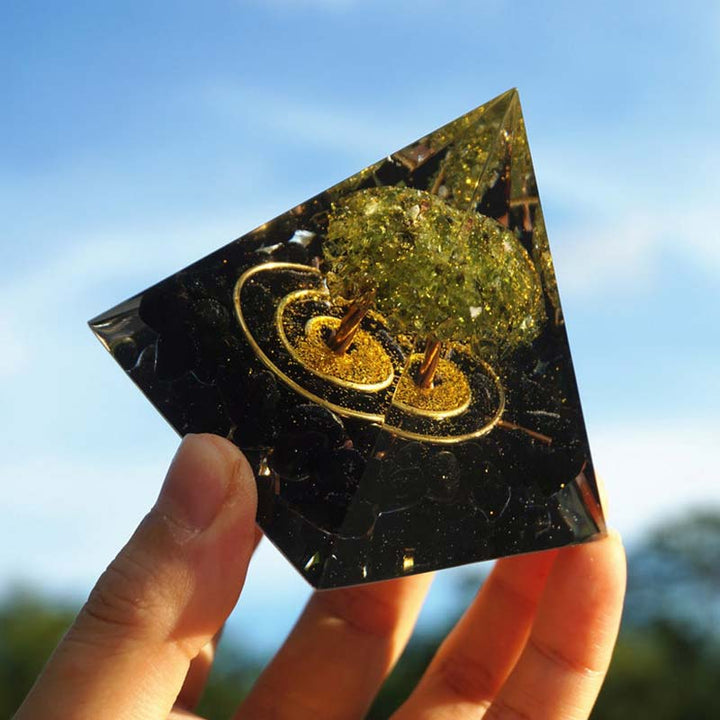 Olivenorma Peridot With Obsidian Tree Of Life Reiki Orgone Pyramid - image 5
