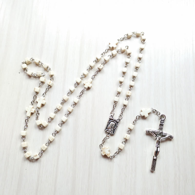 Olivenorma White Turquoise Cube Beaded Cross Rosary Necklace - image 3