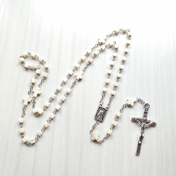 Olivenorma White Turquoise Cube Beaded Cross Rosary Necklace - image 3
