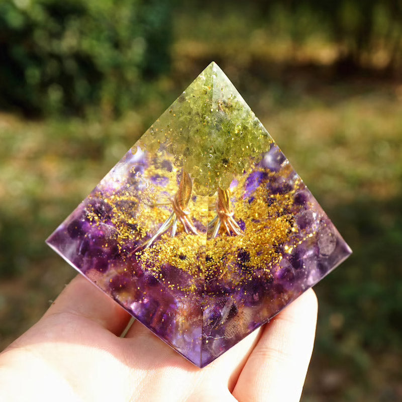 Olivenorma Peridot With Amethyst Tree Of Life Orgone Pyramid - image 2