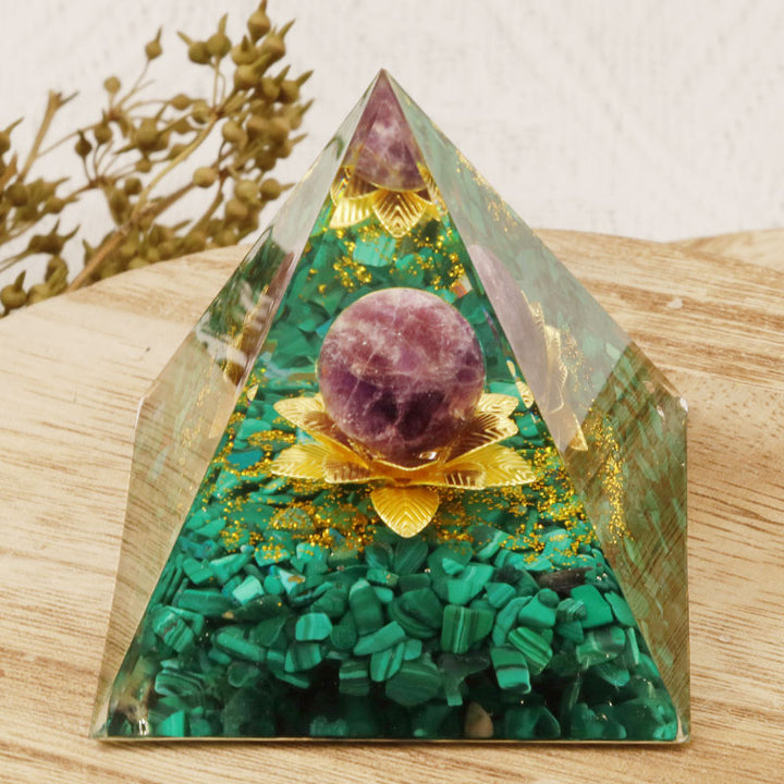Olivenorma Amethyst Malachite Lotus Symbol Orgone Pyramid - image 1