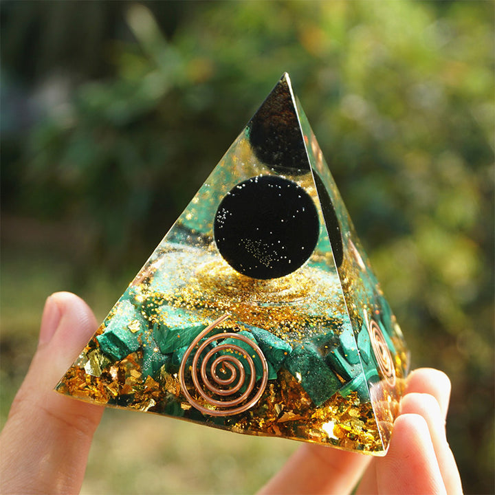 Olivenorma Malachite With Obsidian Sphere Orgone Pyrammid - image 2