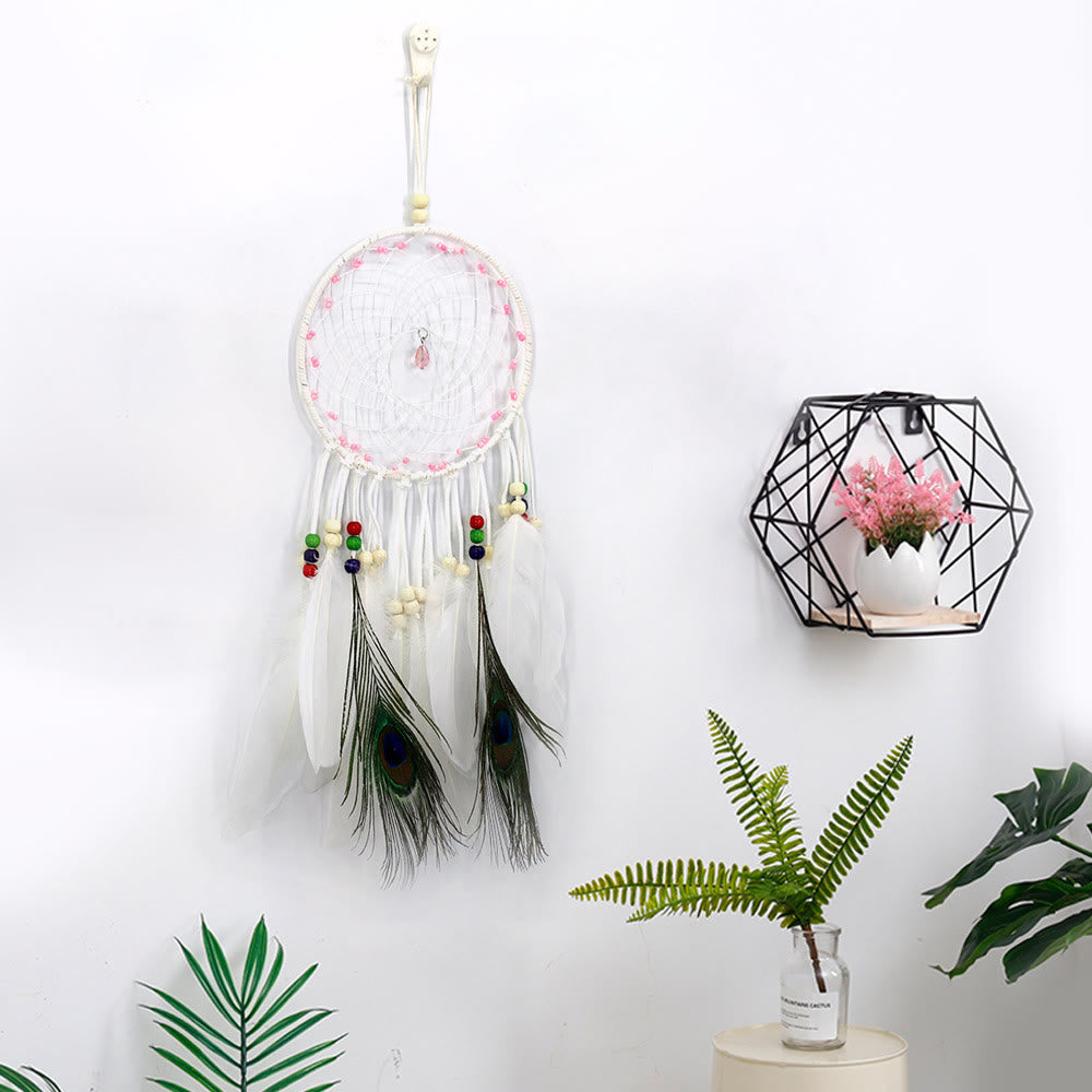 Olivenorma Hand Woven Natural Wooden Beads Feather Dream Catcher - Rose Quartz & White Feather - image 8