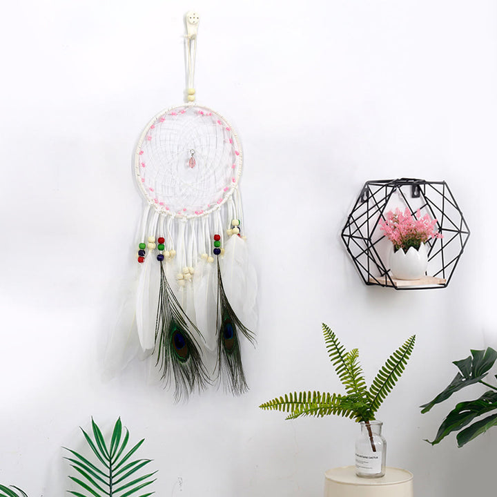 Olivenorma Hand Woven Natural Wooden Beads Feather Dream Catcher - Rose Quartz & White Feather - image 8