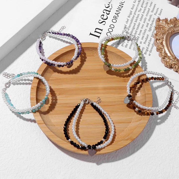 Olivenorma Faceted Stone Pearl Heart Charm Double Layer Bracelet - image 21