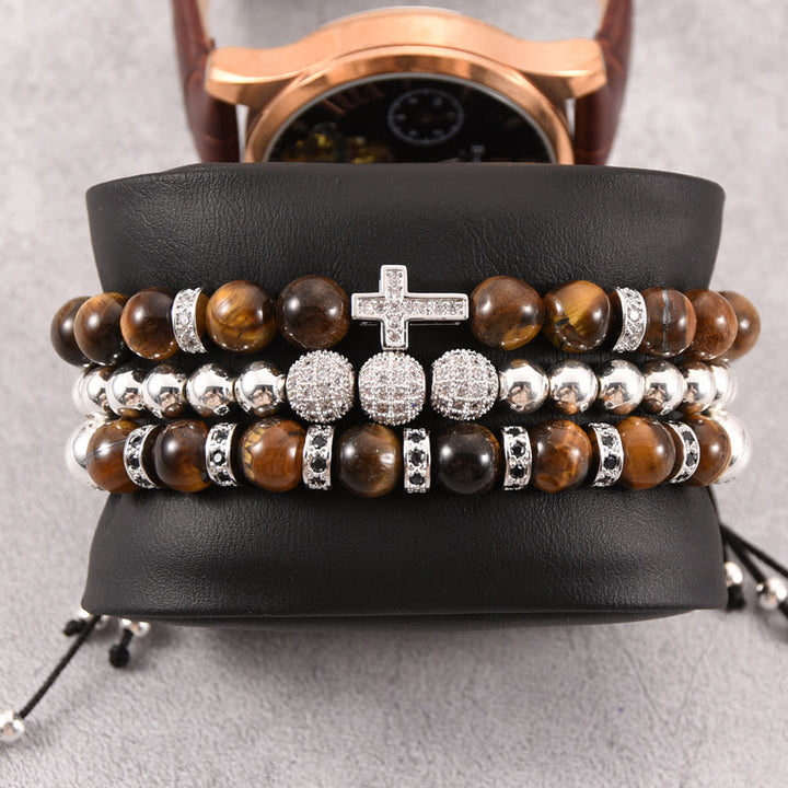 Olivenorma 3Pcs/Set Tiger Eye Stone Beaded Men Cross Bracelet - image 2